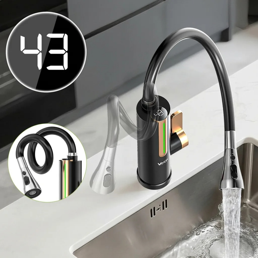 Průtokový ohřívač vody s LED displejem 3000W/230V IPX4 černá/zlatá