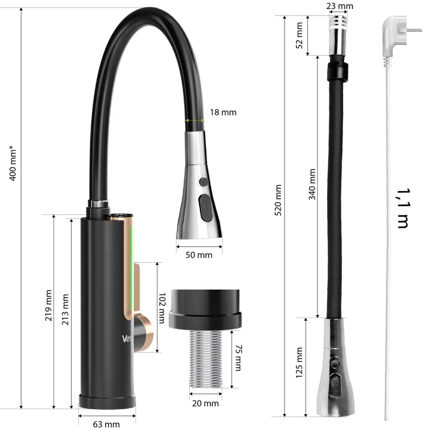 Průtokový ohřívač vody s LED displejem 3000W/230V IPX4 černá/zlatá