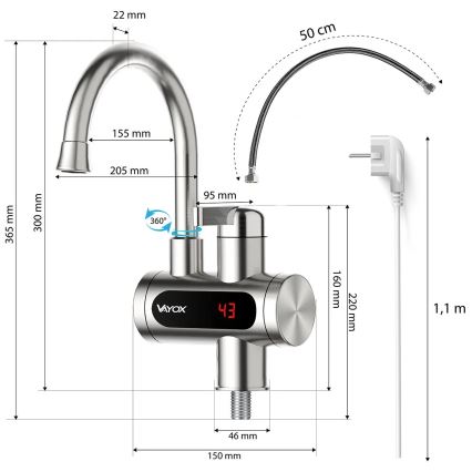 Průtokový ohřívač vody s LED displejem 3000W/230V IPX4 nerezová ocel