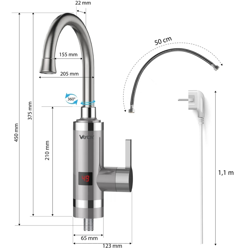 Průtokový ohřívač vody s LED displejem 3000W/230V IPX4 nerezová ocel