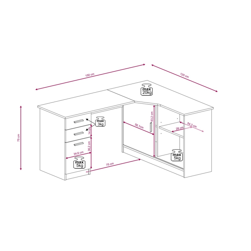 Psací stůl s policí a zásuvkami ROBERTO levá dub artisan/bílá