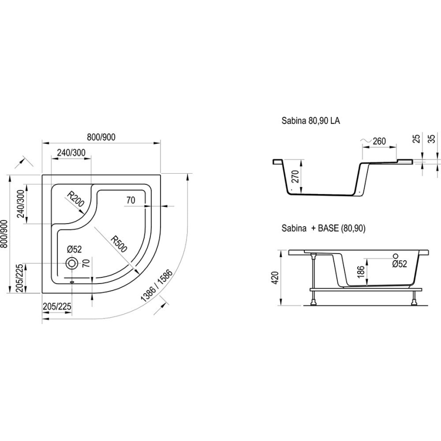 Ravak A217001020 - Sprchová vanička čtvrtkruhová SABINA 90x90 cm bílá