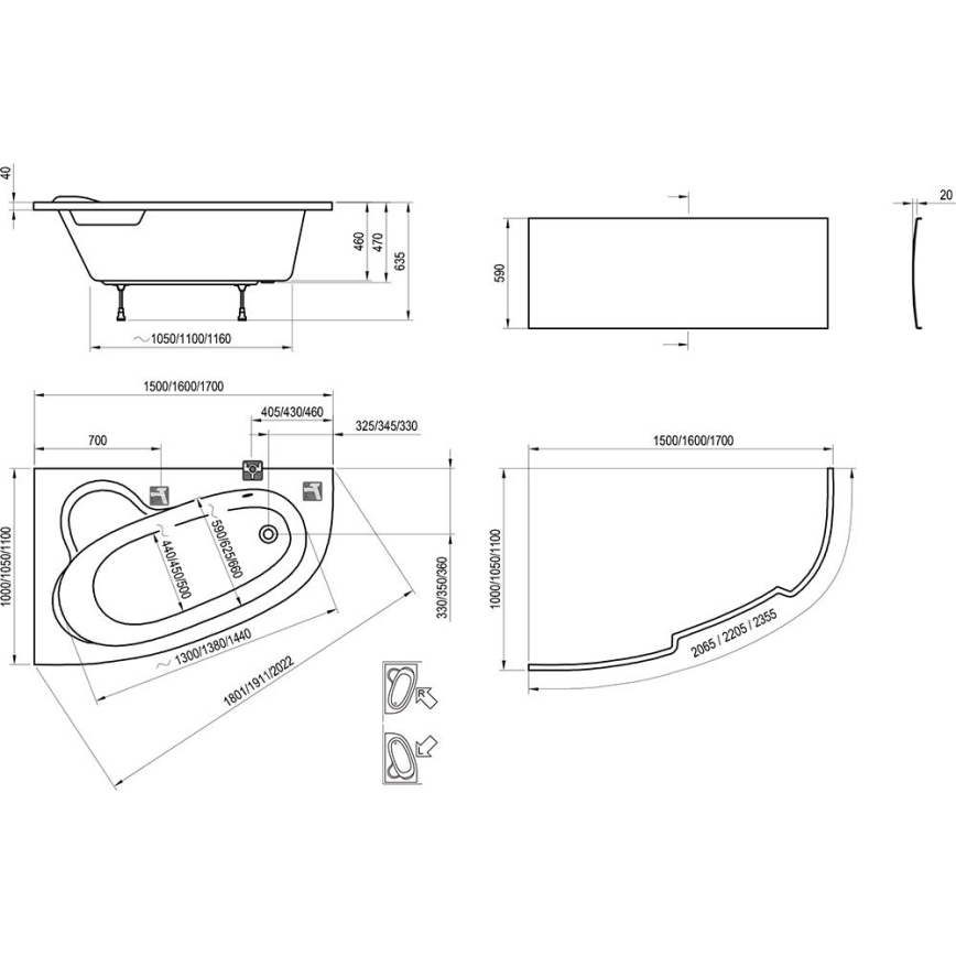 Ravak C491000000 - Rohová vana ASYMMETRIC 170x110 cm akrylát/bílá