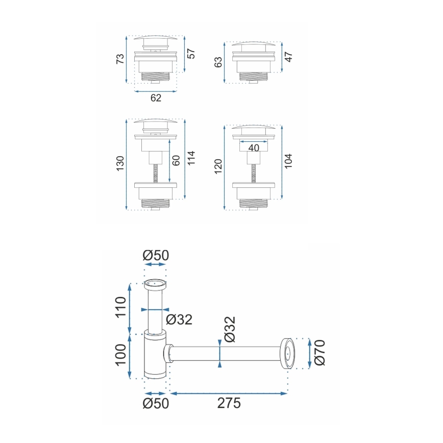 REA-A4400 - Umyvadlový sifon s výpustí CLICK-CLACK pr. 6,4 cm nikl