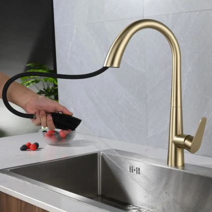 REA-B5312 - Dřezová baterie s vytahovací sprškou ROSS 43 cm broušená zlatá