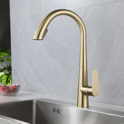 REA-B5312 - Dřezová baterie s vytahovací sprškou ROSS 43 cm broušená zlatá