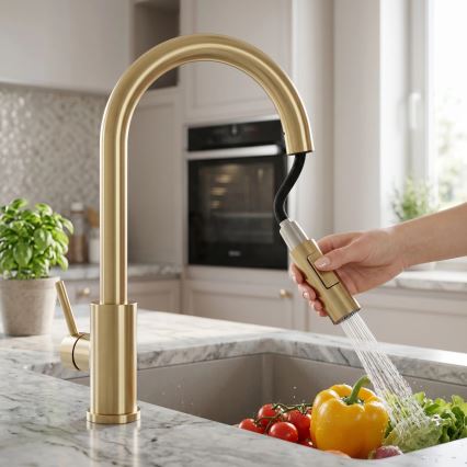 REA-B9842 - Dotyková dřezová baterie s vytahovací sprškou FRESH TOUCH 37 cm 4xAA broušená zlatá