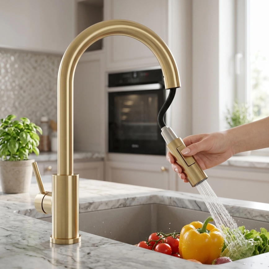 REA-B9842 - Dotyková dřezová baterie s vytahovací sprškou FRESH TOUCH 37 cm 4xAA broušená zlatá
