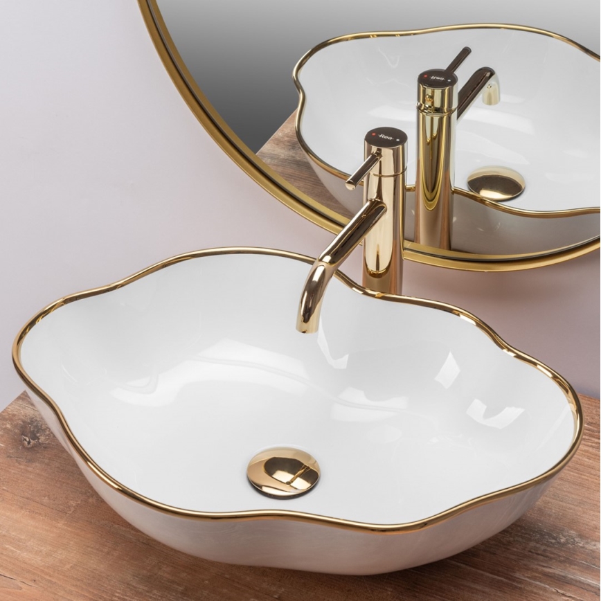 REA-U0696 - Umyvadlo na desku PEARL 38x50,5 cm keramika/lesklá bílá/zlatá