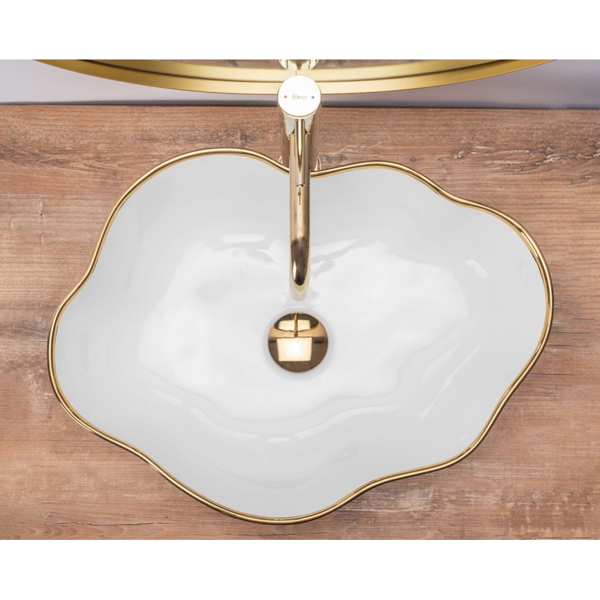 REA-U0696 - Umyvadlo na desku PEARL 38x50,5 cm keramika/lesklá bílá/zlatá