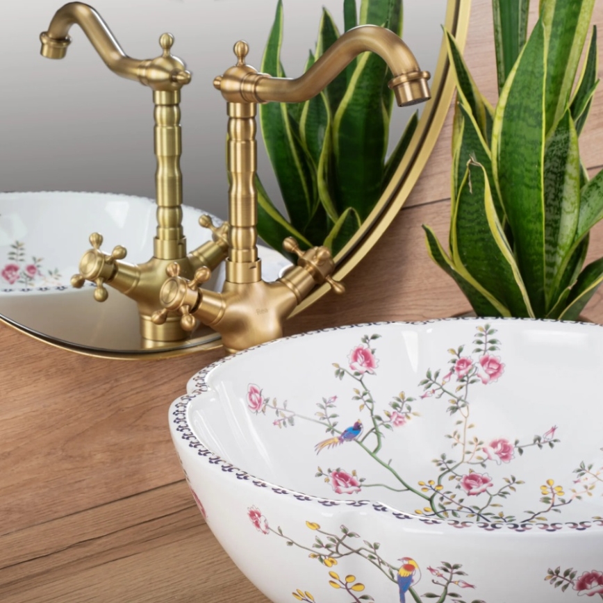 REA-U7504 - Umyvadlo na desku FELICIA pr. 42,5 cm keramika/květovaný vzor