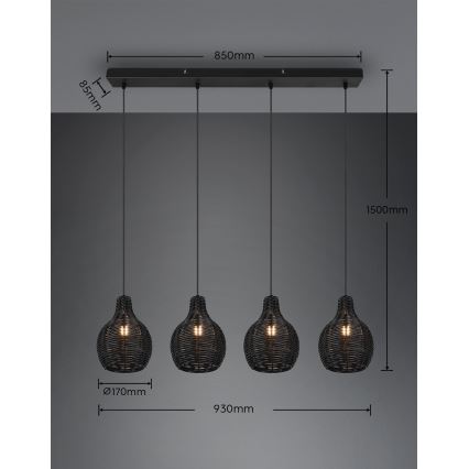 Reality - Lustr na lanku SPROUT 4xE14/30W/230V černá/ratan