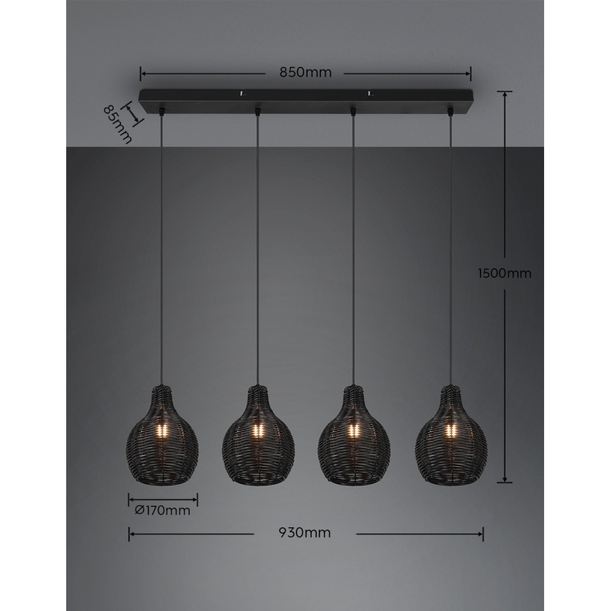 Reality - Lustr na lanku SPROUT 4xE14/30W/230V černá/ratan
