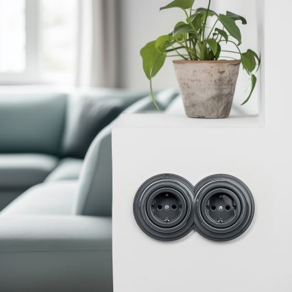 Reblig - Dvojitá retro zásuvka domovní s rámečkem SCHUKO 230V antracit