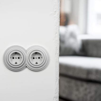 Reblig -Dvojitá retro zásuvka domovní s rámečkem SCHUKO 230V keramická bílá