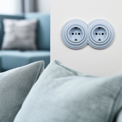 Reblig - Dvojitá retro zásuvka domovní s rámečkem SCHUKO 230V modrá