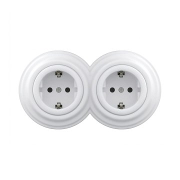 Reblig - Dvojitá retro zásuvka domovní s rámečkem SCHUKO 230V sněhově bílá