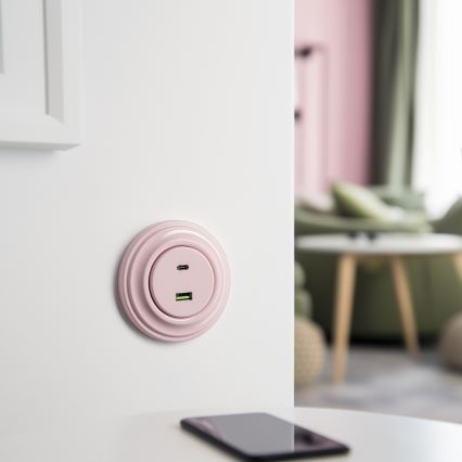 Reblig - Retro USB zásuvka A+C s rámečkem starorůžová