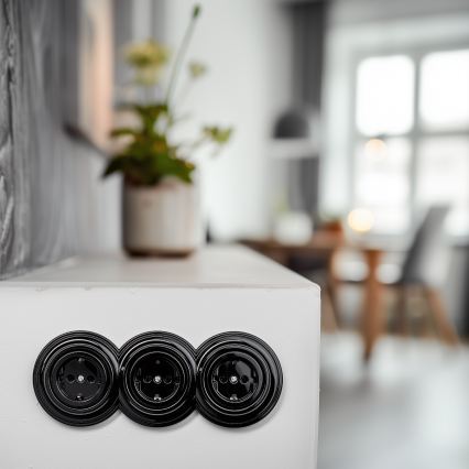 Reblig - Trojitá retro zásuvka domovní s rámečkem SCHUKO 230V černá
