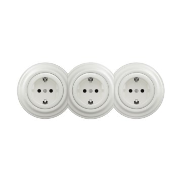 Reblig - Trojitá retro zásuvka domovní s rámečkem SCHUKO 230V keramická bílá