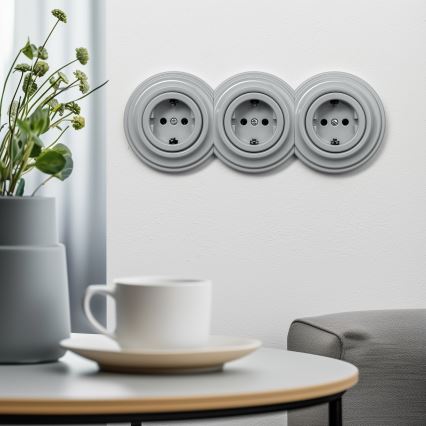 Reblig - Trojitá retro zásuvka domovní s rámečkem SCHUKO 230V šedá