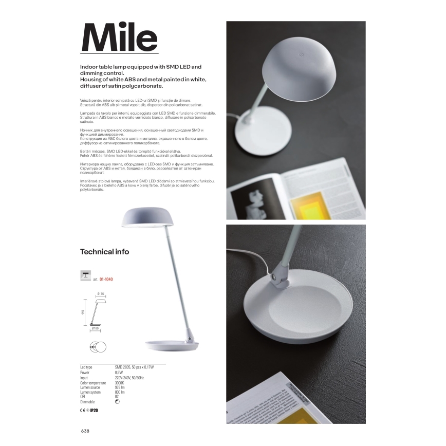 Redo 01-1040 - LED Stmívatelná dotyková stolní lampa MILE LED/8,5W/230V bílá