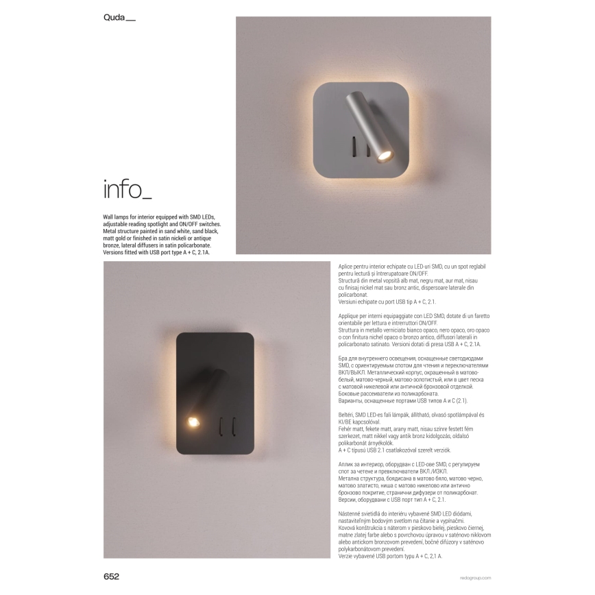 Redo 01-1492 - LED Nástěnné svítidlo QUDA LED/6W/230V + LED/3W CRI 90 USB černá