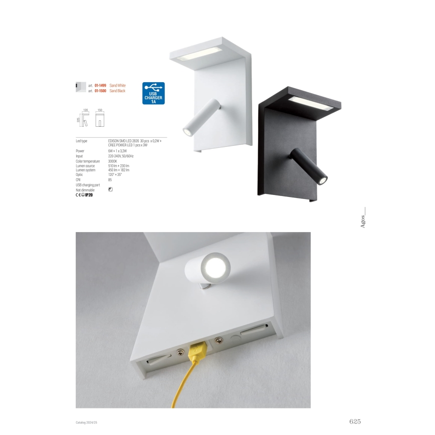 Redo 01-1499 - LED Nástěnné bodové svítidlo AGOS LED/6W/230V + LED/3,2W USB bílá