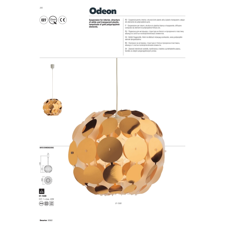 Redo 01-1508 - Lustr na lanku ODEON 1xE27/42W/230V pr. 36 cm zlatá