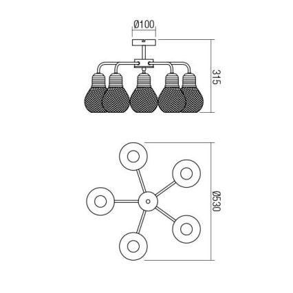 Redo 01-1577 - Lustr na tyči EDISON 5xE27/42W/230V pr. 53 cm černá/měděná