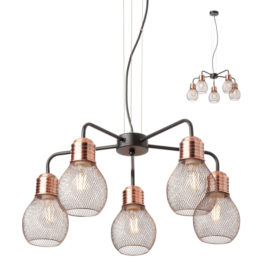 Redo 01-1580 - Lustr na lanku EDISON 5xE27/42W/230V pr. 53 cm černá/měděná