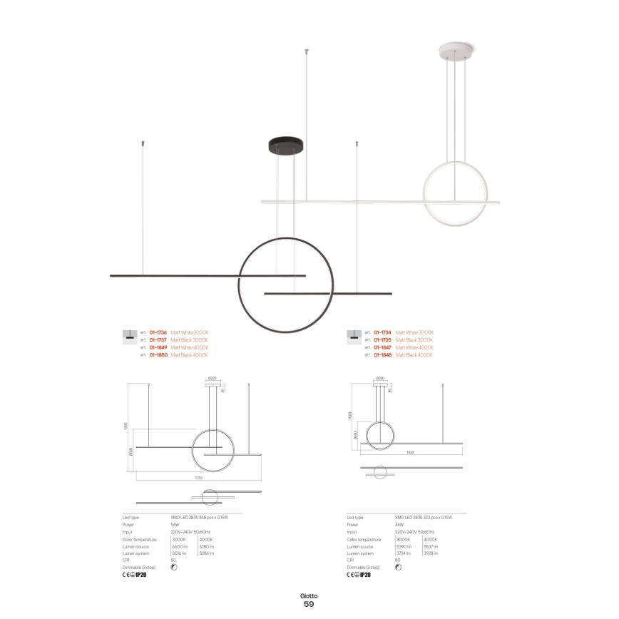 Redo 01-1734 - LED Stmívatelný lustr na lanku GIOTTO LED/46W/230V bílá