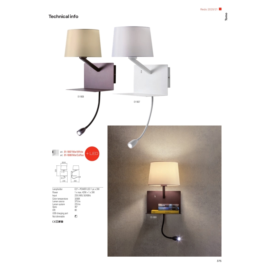 Redo 01-1807 - LED Nástěnné svítidlo s flexibilní lampičkou TOMO 1xE27/42W/230V + LED/3W/230V bílá