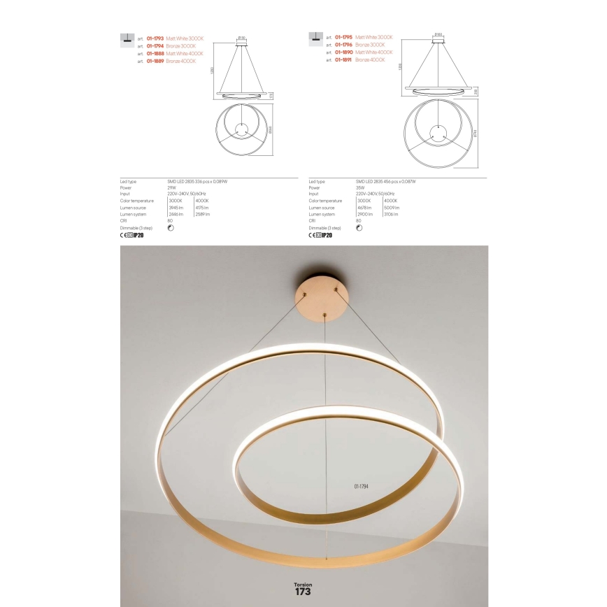 Redo 01-1889 - LED Stmívatelný lustr na lanku TORSION LED/29W/230V 4000K pr. 55 cm bronzová