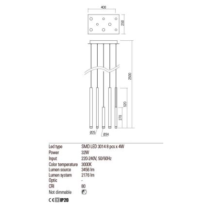 Redo 01-2047 - LED Lustr na lanku MADISON 8xLED/4W/230V měď