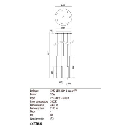 Redo 01-2051 - LED Lustr na lanku MADISON 8xLED/4W/230V měď