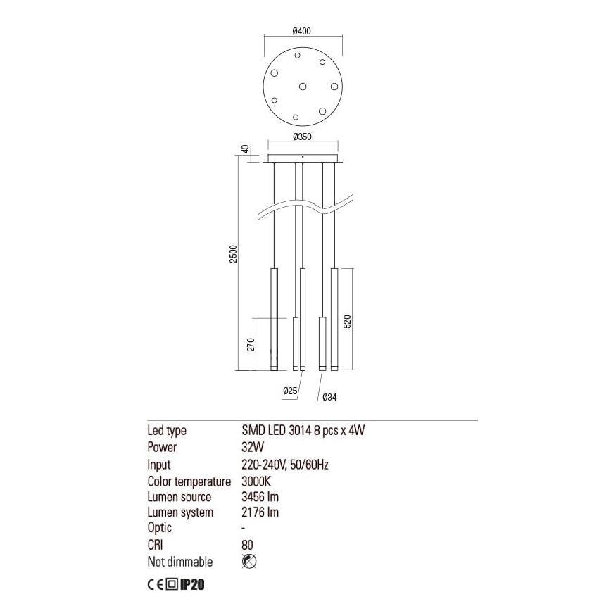 Redo 01-2052 - LED Lustr na lanku MADISON 8xLED/4W/230V černá