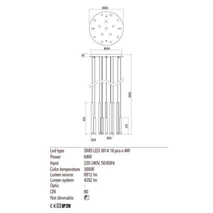 Redo 01-2059 - LED Lustr na lanku MADISON 16xLED/4W/230V měď