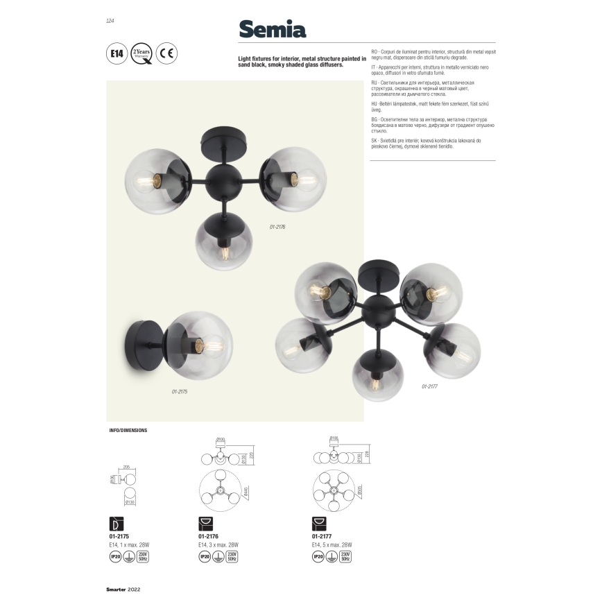 Redo 01-2175 - Nástěnné svítidlo SEMIA 1xE14/28W/230V černá/kouřová