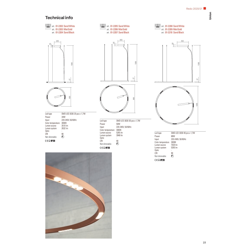 Redo 01-2205 - LED Lustr na lanku UNION LED/50W/230V CRI 90 3000K pr. 90 cm bílá