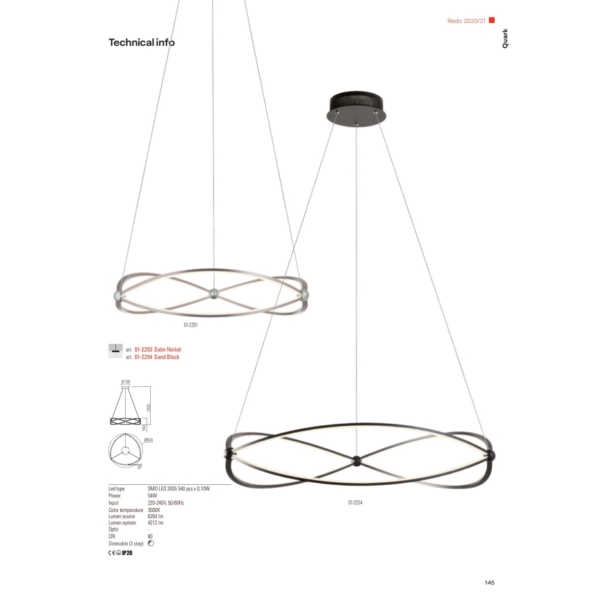 Redo 01-2254 - LED Stmívatelný lustr na lanku QUARK LED/54W/230V 3000K pr. 80 cm černá