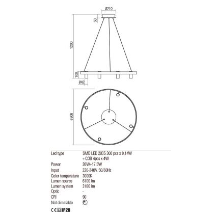 Redo 01-2492 - LED Lustr na lanku SUMMIT LED/53,5W/230V CRI 90 pr. 80,8 cm zlatá