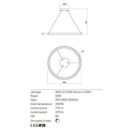 Redo 01-2677 - LED Stmívatelný lustr na lanku ICONIC LED/60W/230V pr. 78 cm černá