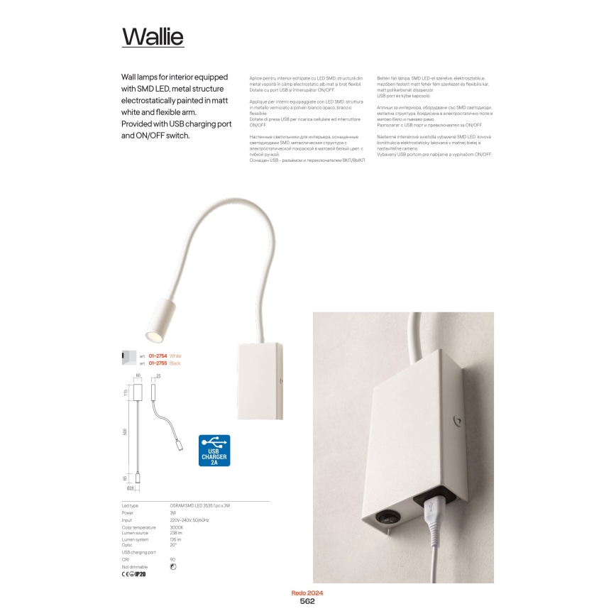 Redo 01-2755 - LED Flexibilní lampička WALLIE LED/3W/230V USB CRI 90 černá
