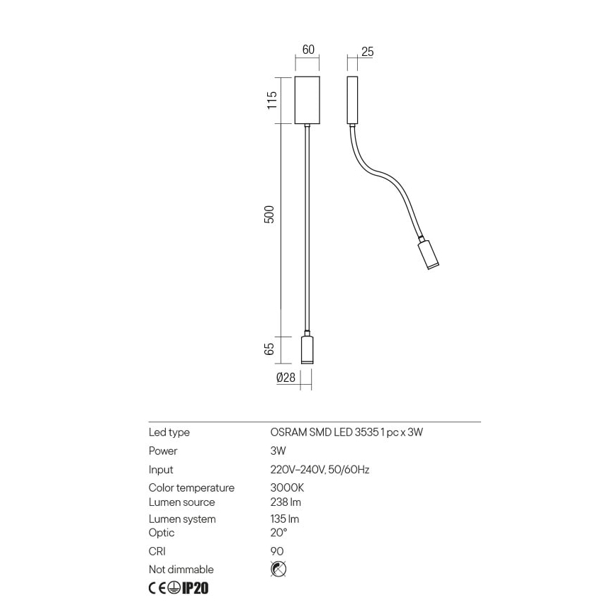 Redo 01-2755 - LED Flexibilní lampička WALLIE LED/3W/230V USB CRI 90 černá