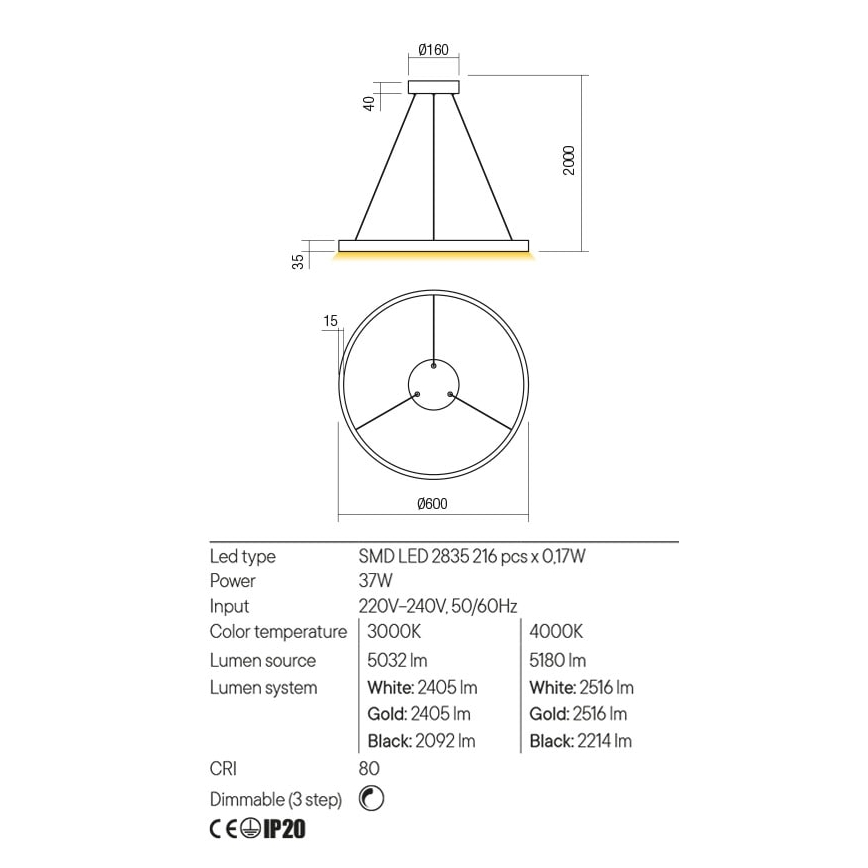 Redo 01-2867 - LED Stmívatelný lustr na lanku FEBE LED/37W/230V černá