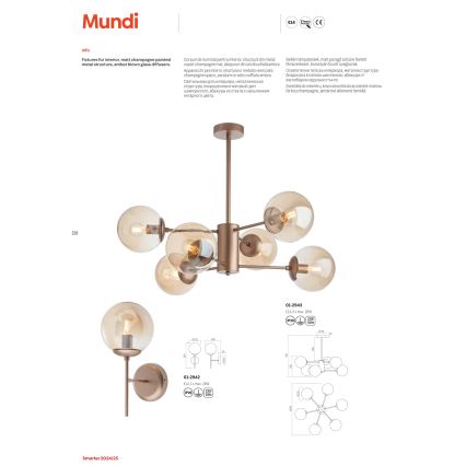 Redo 01-2943 - Lustr na tyči MUNDI 6xE14/28W/230V měď