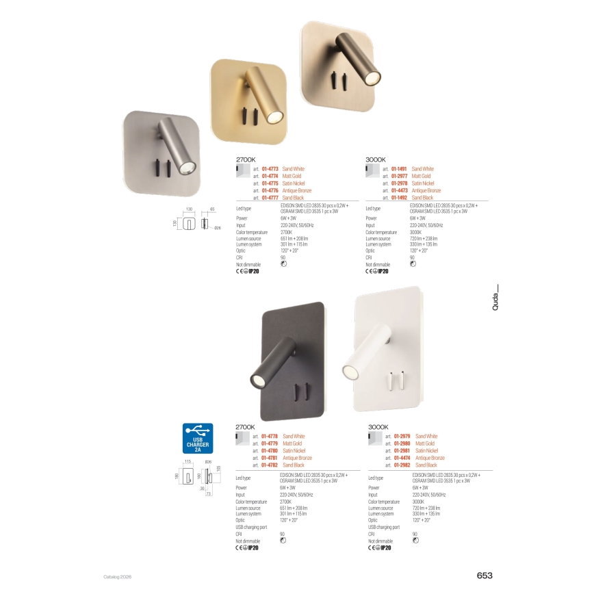 Redo 01-2977 - LED Nástěnné svítidlo QUDA LED/6W/230V + LED/3W 3000K CRI 90 USB zlatá
