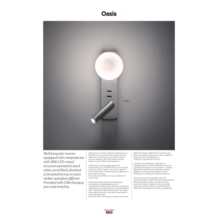Redo 01-2992 - LED Nástěnné svítidlo OASIS LED/3W/230V + 1xG9/10W USB CRI 90 bronzová