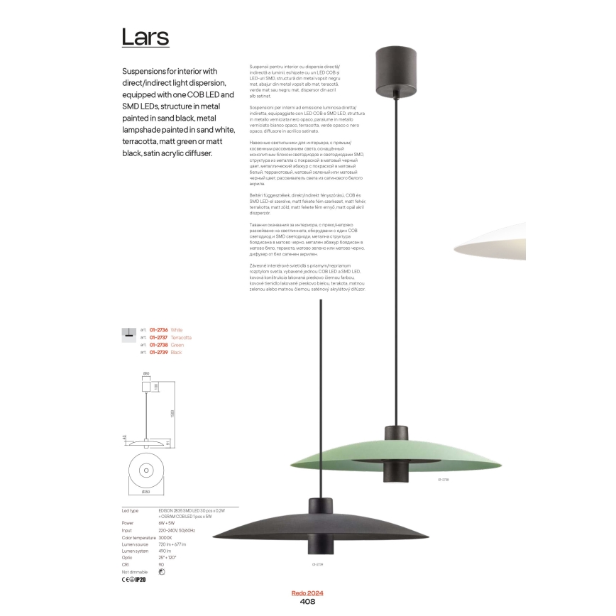 Redo 01-3021 - LED Lustr na lanku LARS LED/14W/230V + LED/10W pr. 60 cm CRI 90 černá